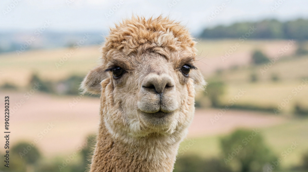 Fototapeta premium Alpaca with a puzzled look staring at the camera
