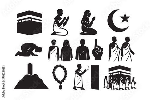Collection of islamic icons representing hajj pilgrimage rituals and religious symbols for muslims