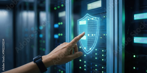Cybersecurity ai risk controls concept with hand interacting on digital shield icon protecting data in server room environment