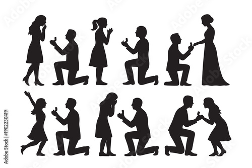 Collection of silhouettes showing men kneeling to propose marriage to women