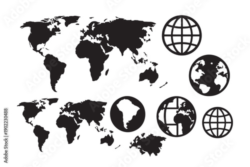 Collection of black and white world map silhouettes and globe icons on a white background.