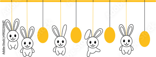 Cartoon rabbits and yellow Easter eggs hanging decoration, festive holiday illustration symbolizing spring celebration, playful design, cute animal art, and seasonal ornament concept