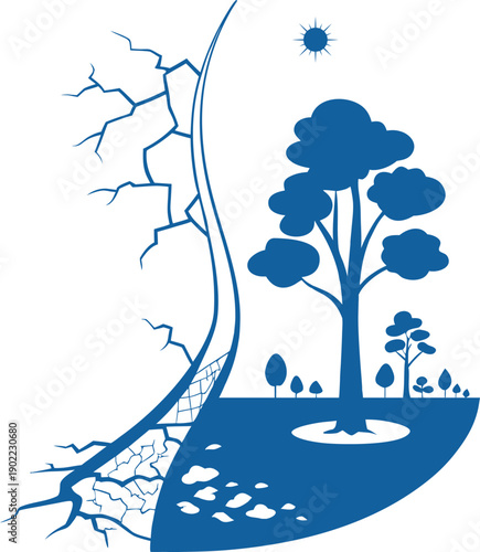 Split Climate Change Earth Day Illustration Showing Drought Versus Green Nature Tree Concept for Environmental Protection Awareness Poster Design