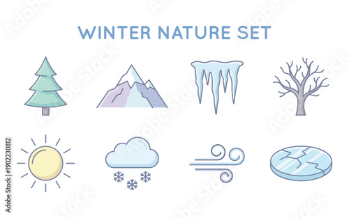 Winter landscape elements illustration featuring mountains, trees, and snow from a distant viewpoint