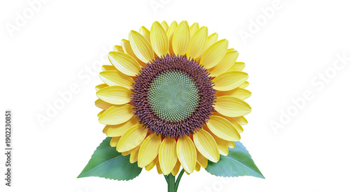 Close-up of a bright yellow sunflower with green center and leaves