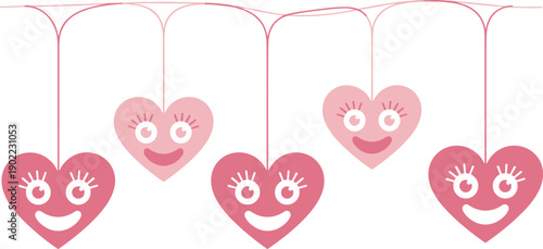 Cute hanging heart characters with smiling faces in soft pink colors representing love, romance, Valentine’s Day decoration, joyful emotions, and playful romantic illustration concept