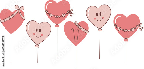 Cute heart balloon illustrations in pink tones with smiling faces and ribbons representing love, romance, Valentine’s Day celebration, wedding decoration, and romantic design concept