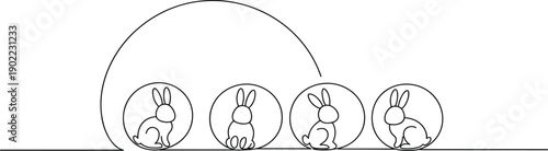 Cute rabbit family line art illustration with protective arch shape, minimalist black and white bunny drawing symbolizing safety, care, unity, and family concept