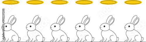 Cute rabbit lineup with golden coins above, minimalist black and white bunny illustration symbolizing reward, progress, achievement, and gamification concept