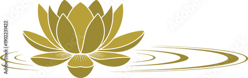 Golden lotus flower floating on calm water with concentric ripples, symbolizing purity, enlightenment, meditation, spirituality, serenity, balance, and peaceful harmony in artistic design.