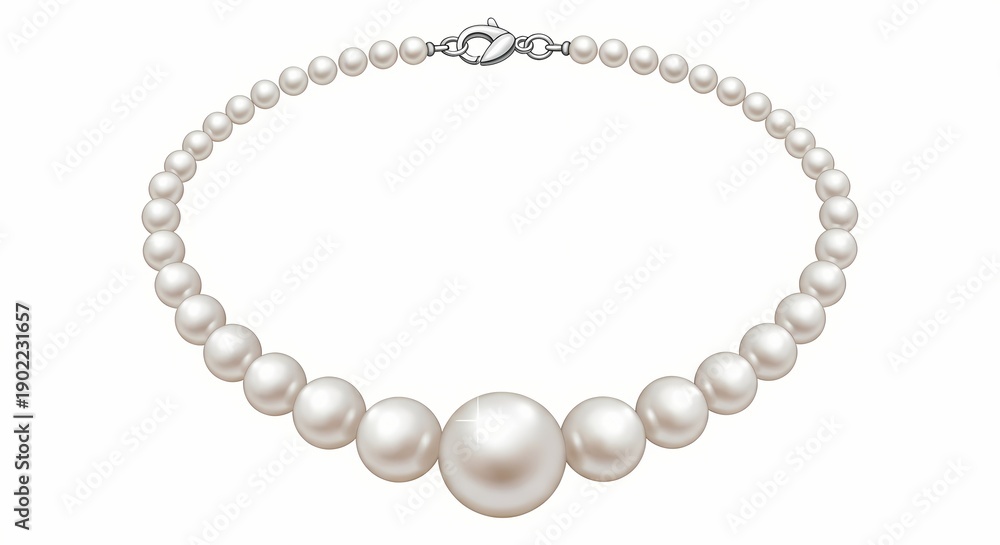Fototapeta premium Elegant pearl necklace with a large center pearl and a silver clasp isolated on a white background.