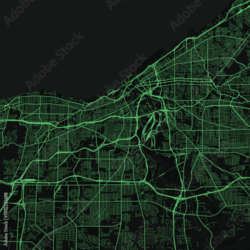 Cleveland City Map discover a refined linework captivating grid streets blueprint aesthetics subtle monochrome style in a unique neon green urban design available as a scalable vector graphics file.