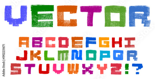 Block Gamer Style Alphabet Font Crayon Chalk Drawing Doodle Vector Set
