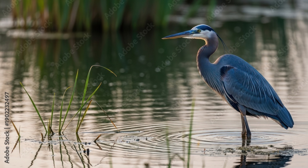 Naklejka premium Elegant heron standing in still water reflecting natural beauty