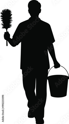 Silhouette of cleaning worker walking with brush and bucket, maintenance staff illustration symbolizing housekeeping, hygiene, janitorial service, and professional cleaning design concept