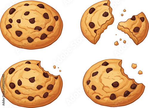 Chocolate chip cookies in various bite stages including whole, broken, bitten, crumbs scattered, playful snack progression concept