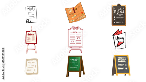 ​Watercolor and Doodle Restaurant Menu Icon Set, Featuring Chalkboard, Standing Easel, Clipboard, and Brochure for Cafe Branding and Signage