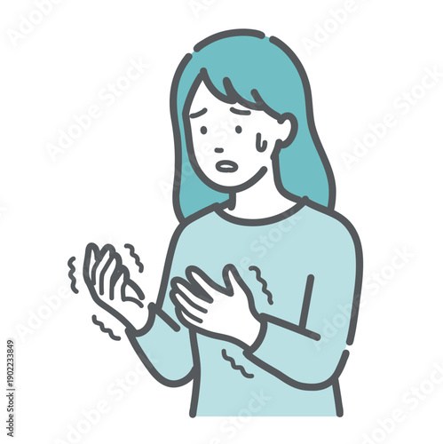 手の痺れ・震えに戸惑う女性のイラスト（更年期障害・手根管症候群・リウマチ）