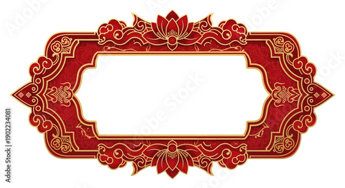 Red and gold ornate frame with floral patterns for Chinese New Year or Lunar New Year celebrations on a white background.