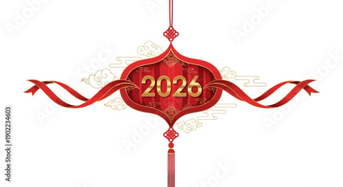 Red and gold ornament vector for Chinese New Year 2026, featuring a Fire Horse icon and CNY typography on a white background with a shallow depth of field.