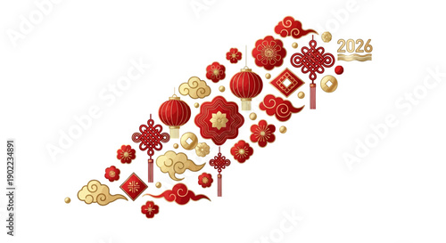 Vector illustration of Chinese New Year 2026 ornaments in red and gold, featuring a Fire Horse icon, against a clean white background with a celebratory mood.