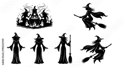 Halloween Silhouette Collection: Witches Flying, Casting Spells, and Brewing Potions