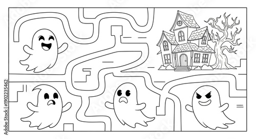 Halloween Maze Game with Cute Ghosts and Spooky Haunted House Illustration