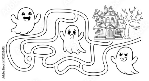Spooky Halloween Maze with Ghosts and Haunted House for Kids Coloring Fun