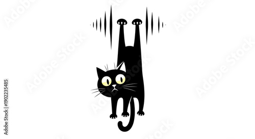 Funny Black Cat Hanging Upside Down from Sound Waves with Big Eyes