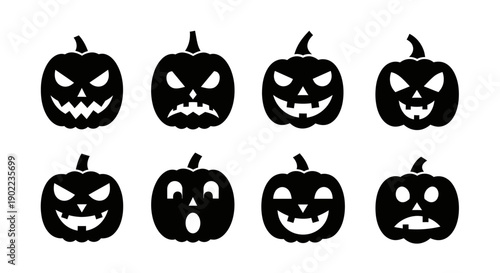 Set of Eight Black Halloween Pumpkins with Different Carved Faces on White