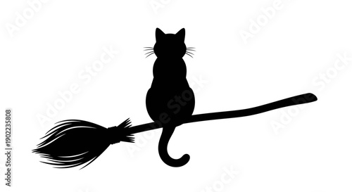 Black Cat Silhouette Sitting on a Broomstick Flying in the Air for Halloween