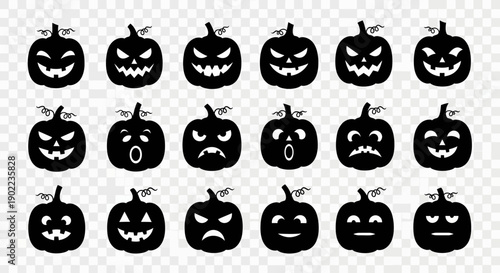 Set of Black Pumpkin Icons with Different Scary and Happy Faces for Halloween