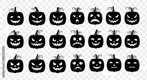 Collection of Diverse Black Silhouette Halloween Pumpkins with Carved Spooky Faces on Transparent