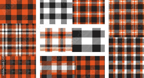 Collection of Plaid and Buffalo Check Patterns in Orange, Black, and White Textures