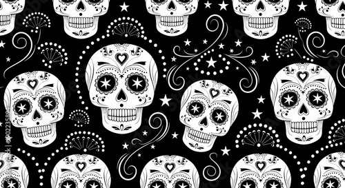 Day of the Dead Sugar Skull Pattern with Stars and Swirls on Black Background