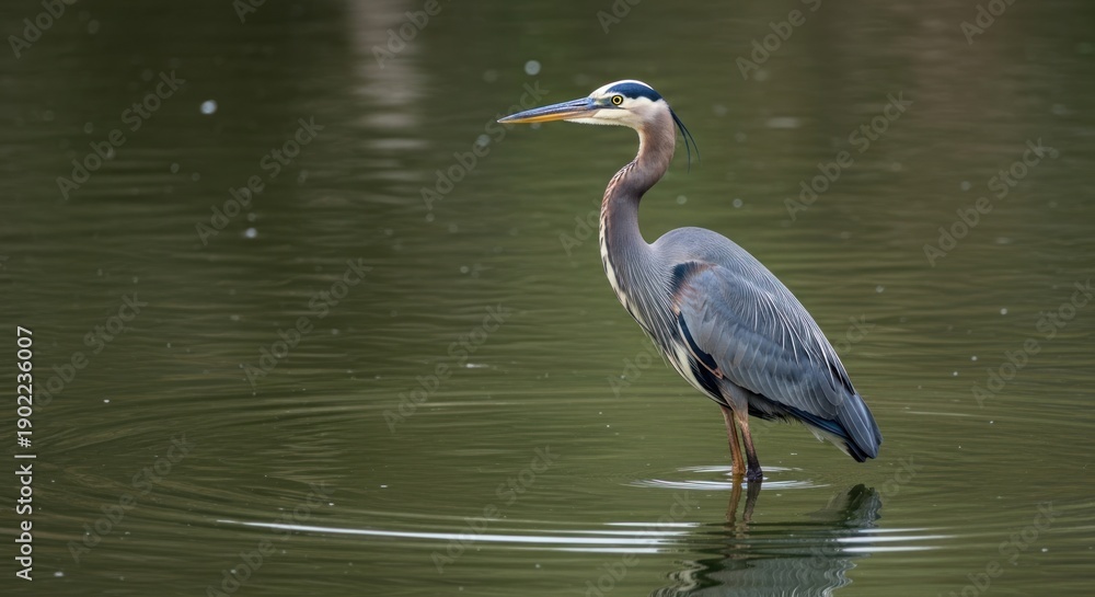 Naklejka premium Great blue heron standing in calm water outdoors wildlife scene natural light