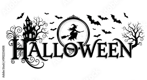 Halloween text with witch flying on broomstick and haunted house, bats flying