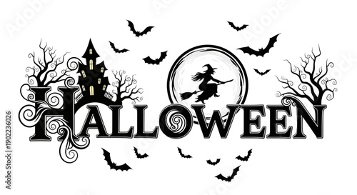 Halloween spooky background with haunted house, witch on broom, bats and full moon