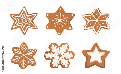Set of cartoon Christmas Gingerbread cookies. Cute vector hand drawn illustration of holiday icons Christmas star isolated on white background. Merry Christmas and happy new year.