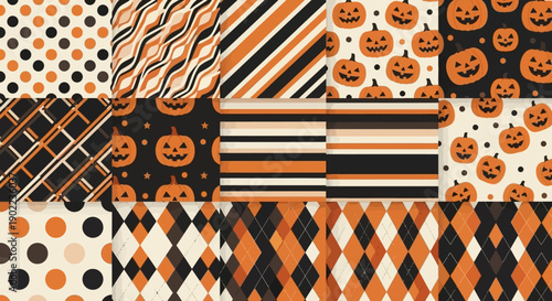 Collection of Halloween seamless patterns with pumpkins, stripes, and polka dots