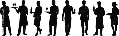 Silhouette waiter and waitress figures serving drinks, restaurant staff holding trays with glasses and bottles, hospitality service poses for bar, cafe, and catering design