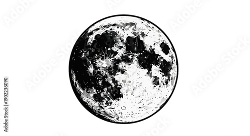 Detailed Illustration of the Full Moon with Craters and Lunar Details in Black and White