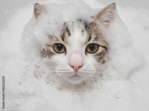 Close-up of a cute cat's face covered in white soap bubbles during a bath. Ideal for pet grooming, animal hygiene products, and funny pet spa content.