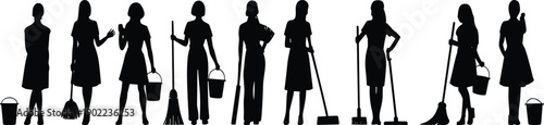 Silhouettes of cleaning staff with mops, brooms, buckets, and spray bottles, janitorial service illustration representing housekeeping, hygiene, maintenance work, 
