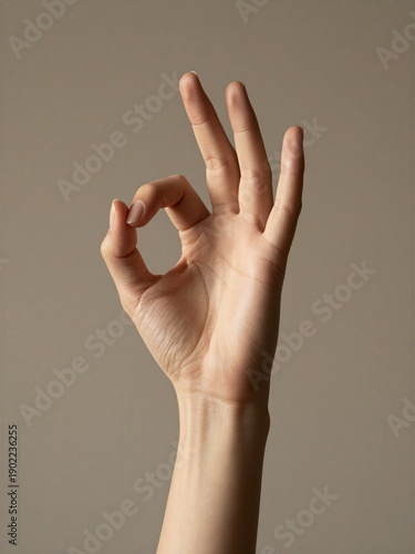 A hand showing the OK sign gesture against a neutral beige background. Ideal for business success, positive feedback, and customer satisfaction concepts.