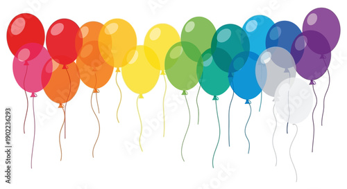 Rainbow Balloons Party Celebration Background with Strings on White Isolated