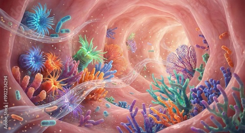 Vibrant 3D illustration of diverse gut microbiome flora inside the intestine