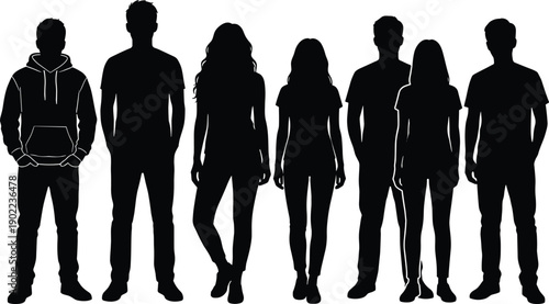 Black silhouette illustration of diverse people standing together, modern human figures representing teamwork, diversity, community, identity, and anonymous crowd concept for design and creative 