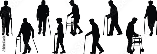 Silhouettes of diverse individuals using mobility aids such as canes and walkers, symbolizing independence, support, disability awareness, aging, rehabilitation, and inclusive healthcare design.