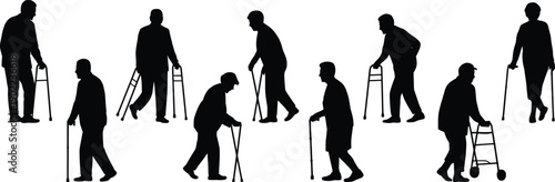 Silhouettes of elderly people using mobility aids including canes, walkers, and crutches, symbolizing aging, disability support, rehabilitation, independence, healthcare, and accessibility awareness.